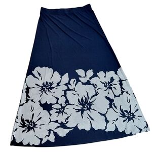 Susan Graver White Aloha Flower On Navy Liquid Knit Maxi Skirt Size M